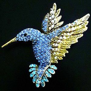 High Style Blue HUMMINGBIRD Rhinestone Brooch